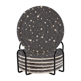 Bar Coaster for Drinks, Coil Woven Coasters Holder Pad 3.94 in Diameter for Mugs Thickness of 0.24 in with Metal Rack Print Astronomical Starry Stars Galaxy Space On Black