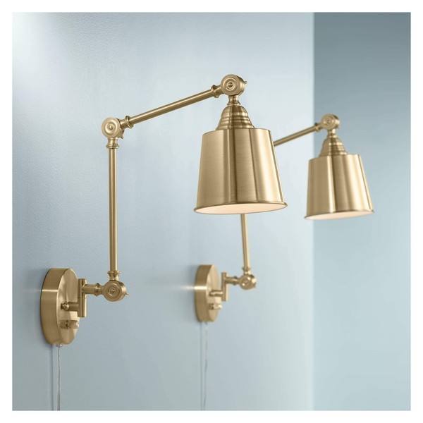 Mendes Modern Swing Arm Adjustable Wall Lamps Set of 2 Antique Brass Plug-in Light Fixture Up Down Metal Shade for Bedroom Bedside House Reading Living Room Home Hallway Dining - 360 Lighting