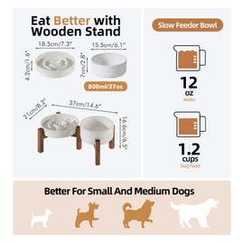 Havniva Ceramic 1.2 Cup Raised Slow Feeder Dog Bowl Set, Elevated 6.1inch Bowl and 7.3inch Dish with Acacia Wood Stand for Small and Medium Dog(2 x Reactived Glaze -White+ Stand)
