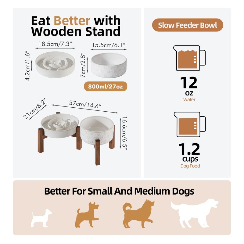 Havniva Ceramic 1.2 Cup Raised Slow Feeder Dog Bowl Set,