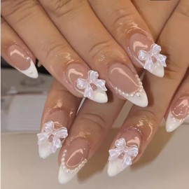 Bow Press on Nails Acrylic Almond Fake Nails with Peal Designs White French Tip Stick on Nails Reusable Press on Nails Medium Length French Gradient False Nails for Women and Girls Manicure Kit 24Pcs