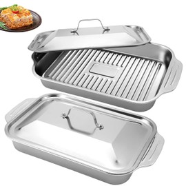 Stainless Steel Lasagna Pan with Lid – Set of 2 Deep Rectangular Baking Pans (16"x9.5"x3.2") for Lasagna, Cakes, Roasting & Buffet – Dishwasher Safe, Anti-Rust, Ideal for Restaurant & Home Use