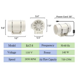 8 Inch Inline Duct Fan Pipeline Pressurization Ventilation Exhaust Fan with Speed Controller 720 CFM Duct Intake High Efficiency Air Fan Copper Motor for Bathroom Grow Tents Hydroponics