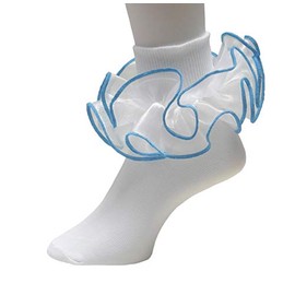 Girls Double Ruffle Socks - Big Full Organza with Trim Pageant Fanfare Foldover Ankle Style - 6-12 Month Old (Size 3-4, White w/ Turquoise Trim)