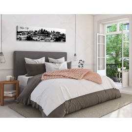 DJSYLIFE- Black and White Panoramic Kansas City Cityscape Picture Wall Decor Stretched Canvas Art Prints for Bedroom or Office, Framed and Ready to Hang, 13.8"x47.3"