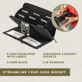 Bella Taylor RFID Wristlet Cash System Wallet for Cash Envelope Budgeting | Money Organizer Budget Wallet | Cash Stuffing Wallet | Quilted Cotton Bicolor Floral Black and Cream