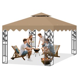 10x10 Gazebo Replacement Top Cover, 10x10 Canopy Top Cover Replacement Gazebo Roof Double Tiered with Air Vent for Outdoor Garden Patio Pavilion Sun Shade (Khaki)