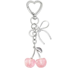 Rikhiua Cherry Keychian Cute Bag Charm Bow Keychain for Women Birthday Christmas Gifts (Silver Pink B)