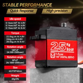 25KG High Torque Servo Motor, Miuzei RC Steering Servo Metal Gear Waterproof Compatible with 1/8, 1/10 RC Car, with 25T Horn 180 Degree (2)