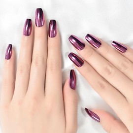 LINSSQ Metallic Mirror Nails Grape Purple Press on Nails Medium Length Coffin False Nails Salon Manicure Kits Reusable Fake Nails Art Tips DIY Fingernails for Daily Party