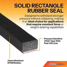 Trim-Lok Solid Rectangle Rubber Seal – .5" Height, .75" Width, 25' Length – EPDM Foam Rubber Seal with High Tack (HT) – Ideal Door and Window Weather Seal – Garage Doors, Cars, Boats