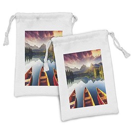 Lunarable Landscape Fabric Pouch Set of 2, Sunset at Mountain Lake Strbske National Park Dramatic Sky and Boats, Small Drawstring Bag for Toiletries Masks and Favors, 9" x 6", Orange Mauve and Blue