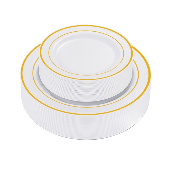 N9R 72 Pack White Plastic Plates with Gold Rim, Disposable Plates include 36pcs Dinner Plates 10.25”, 36pcs Disposable Dessert/Salad Plates 7.5”, Perfect for Party Wedding