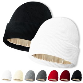 NPQQUAN 2 PCS Satin Lined Beanie for Women Silk Lined Beanies Winter Warm Soft Lining Cuffed Knit Beanie Hats for Women Black+Black