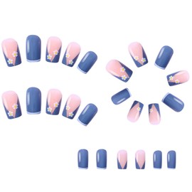 Lifextol French Tip Press on Nails Short Coffin Fake Nails with Adhesive Tabs, 24pc Stick on Nails Press ons for Women Girls, Blue Press on Nails French Tip with Flower