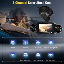 4 Channel Dash Cam Front and Rear Inside Left Right,3” 720P Front and Rear Dash Camera for Cars Car Camera with G-Sensor,Night Vision,Loop Recording,Parking Assistance,24H Parking Monitor+64G SD
