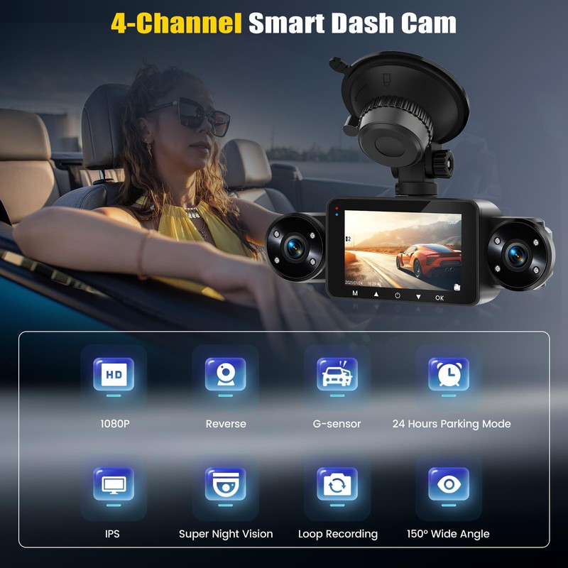 4 Channel Dash Cam Front and Rear Inside Left Right,3”