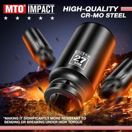 MTO 1/2" Drive 27mm Deep Impact Socket, 6 Pt. Metric Socket, CR-MO Steel & Anti-Corrosion Coating for Heavy-Duty Use