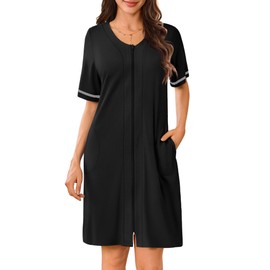 Ekouaer Women Zipper Robes Short Sleeves Housecoat Lightweight Bathrobes Zip Up Robe Casual Nightgown with Pockets Black,Large