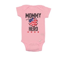 TeeNow - Mommy Is My Hero (Custom for Police, Fire & EMT) - Baby/Infant, Onesie/Bodysuit, Boy/Girl/Unisex (0-3 Months, Pink - EMT)