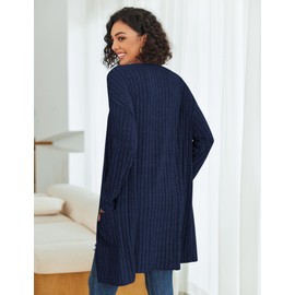 Misakia Womens Long Cardigans Open Front Knit Loose Long Sleeve Sweaters with Pockets Oversized Casual Jackets Outwear Navy Blue M