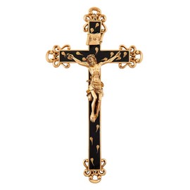 Golden Brown Epoxy Wall Cross Crucifix with Gold Toned Floral Details, Religious Home Decor, 10 Inch