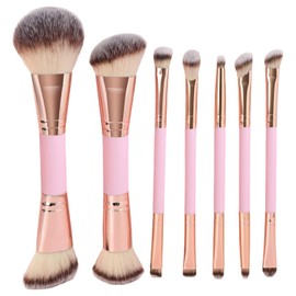 Brochas de Maquillaje, 7 Brochas Maquillaje Premium de Doble Punta (Plana/Acodada/Redonda Acodada/Cónica) para Pulir Líquidos, Cremas, Polvos, Difuminar y Contornear el Rostro(Oro rosa)