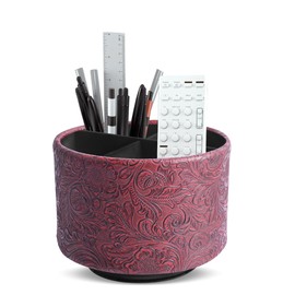 lizimandu Round Leather Art Supply Organizer,Remote Control Holder,360 Degree Spinning,Multi-Functional Pencil Holder,4 Compartments Desktop Stationary Organizer(1-Carved Red)