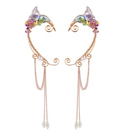 Elf Ear Cuffs, OwMell Handcraft Silver Pointed Fairy Elven Cosplay Fantasy Costume Bridal Wedding Earrings for Non Pierced Ears - Colorful Flowers with Pendant