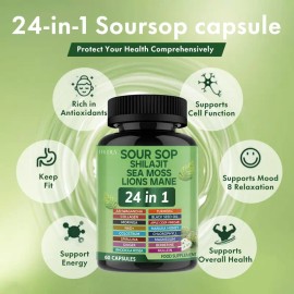 FRCOLA Soursop 24-in-1 Daily Supplement with Sea Moss, Shilajit, Lion’s Mane – Immune Support, Energy & Wellness Booster – All-in-One Vitamins