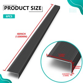 Bikykose 6pcs 48” 17.7 * 7.9" Matte Black Aluminum Peel and Stick Stair Nosing, Anti-Slip Edge Protector for Indoor & Outdoor Stairs, Waterproof Self-Adhesive Stair Molding Trim