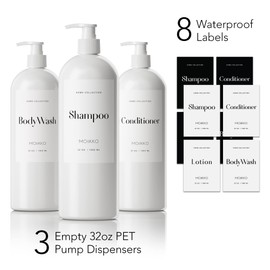 MOIIKKO Refillable Shampoo and Conditioner Dispenser Bottles 900ml Set of 3 Empty Body Wash Dispenser with 8 Waterproof Labels