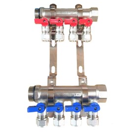3/4" 4 -Loop/Port Ball Valve Brass Pex Manifold for 1/2" Pex Tubing w/brackets
