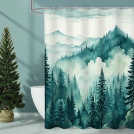 Litabel Teal Blue Misty Pine Forest Shower Curtain, Mountain Foggy Woodland Scenery Tree Shower Curtains for Chic Rustic Bathroom, Turquoise Abstract Waterproof Nature-Themed Decor, 72x72 Inches