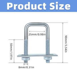 4 Sets M8 Square U Bolts, U Bolts 25mm (1") Width 90mm (3.54") Length, Zinc Plated Carbon Steel U Bolt with Nuts, Plate and Washers (25 x 90mm)