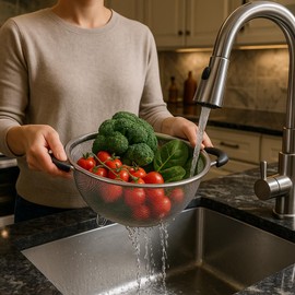 MGE – Kitchen Strainer with Foot – Stainless Steel Colander – Vegetable Colander – Pasta Drainer – Metal Colander Micro-Perforated – Kitchen Strainers Stainless Steel – 22.5 cm