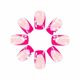 MISUD Short Press on Nails Square Fake Nails Glossy Glue on Nails Hot Pink French Tip Acrylic Nail Supplies Squoval Artificial Nail Art Summer Flower Stick on False Nails with Design DIY 24 pcs