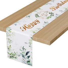 BEKOIUP Table Runner Birthday Green, Happy Birthday Table Runner Eucalyptus, Linen Tablecloth Birthday Decoration, Birthday Table Decoration for Children Girls Boys Birthday Party Decoration 183 x 33