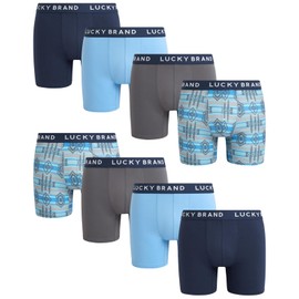 Lucky Brand Men's Boxer Briefs - 8 Pack Soft Stretch Performance Underwear Boxers for Men with Contour Pouch (Sizes: S-XL), Size Large, Mood Indigo/Dusk Blue/Alloy Print/Smoked Pearl