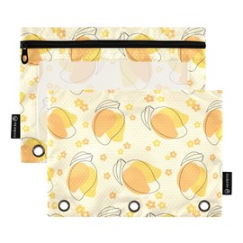 Mango Fruit Flower Pencil Pouch for 3 Ring Binder, Three Hole Pencil Case for Binder Bulk Pencil Bag with Clear Window and Zipper for Office School College, 2 Pack