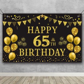 Trgowaul 65Th Birthday Backdrop Gold and Black 5.9 X 3.6 Fts Happy Birthday Party Decorations Banner for Photography Supplies Background Happy Birthday Decora Extra Large 65Th Birthday Banner