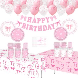183pcs Coquette Birthday Decorations Pink Bow Birthday Party Supplies with Bow Plates Napkins Cups Banner Tablecloth Balloons for Girls Bachelorette Baby Shower Bow Theme Party Decoration