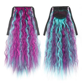 Clip in Ponytail Extension with Tie 20 Inch Long Wavy Curly Wrap Around Pony Tail Hair Synthetic Ponytail Hair Extainson for Girl (Mix Color A)