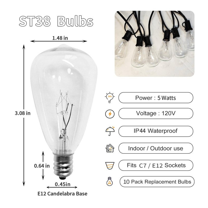 10 Pack ST38 Replacement Bulbs, 5W Edison Bulbs E12 Candelabra