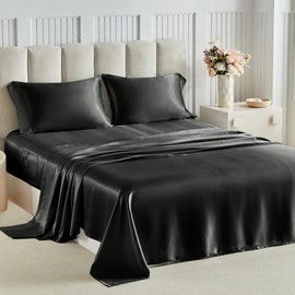 Tokokimo Satin Sheets Full Size 4 PC - 16" Deep Pocket Silky Soft Bed Sheets, Wrinkle-Free Black Satin Silk Sheet, Hair & Skin Saver Bed Sheets Set with 1 Fitted Sheet, 1 Flat Sheet, 2 Pillow Cases