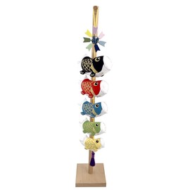 Genki Doll Workshop Koinobori Fluffy Koinobori Koinobori Indoor Carp 5 Carp Hanging Ornaments Indoor Crepe Cute Wall Hanging with Natural Wooden Stand Tango Festival First Festival Indoor Carp Banner Set 26.8 inches (68 cm) Gold Thread Embroidery Hanging