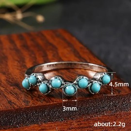 Vintage Small Dainty Ring 925 Sterling Silver Turquoise Stackable Ring for Women Everyday Comfort Ring Bohemia Promise Band Ring(8#)