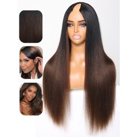Julia Hair V Part Yaki Glueless Human Hair Wig Seamless Edge Clip in Half Wig Vpart Wig No Sew in No Glue Ombre Chestnut Brown Upgrade U Part No Leave Out Beginner Friendly 24 Inch