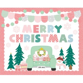 AnyDesign 77Pcs Christmas Bulletin Board Decoration Set Winter Xmas Tree Snowman Snowflake Cut-Outs with Glue Points Bulletin Border Stickers for Holiday School Classroom Home Wall Decor