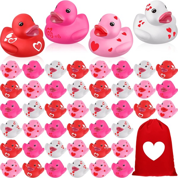 48 Pcs Valentine's Day Rubber Ducks 2 Inch Mini Valentine's Day Ducks Bath Toys Valentine Party Decorations Holiday Rubber Ducks with Drawstring Gift Bag for Boy Girl Class Prizes Holiday (Heart)